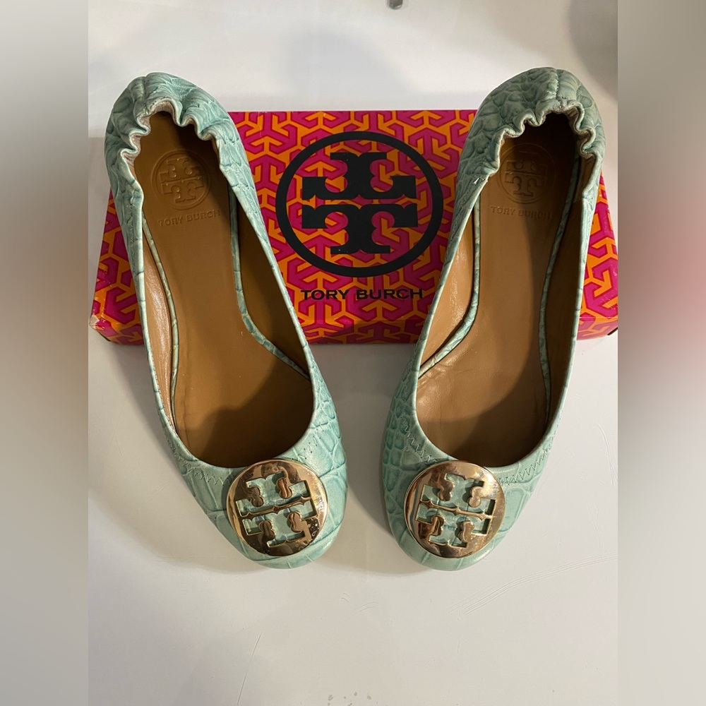 Tory Burch, size 7.5 sea glass (Blue) croc print. Ballerina flat, gold buckle.